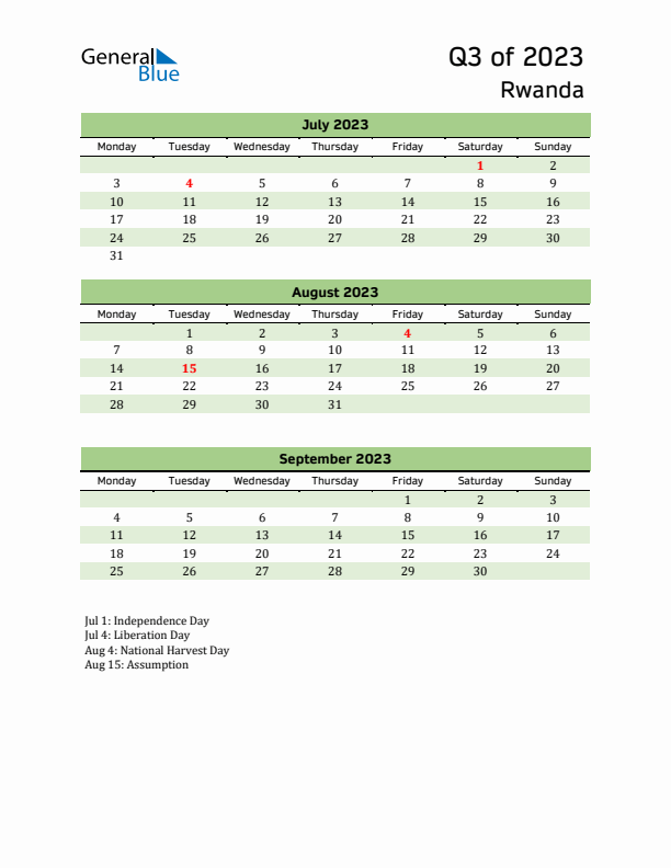 Quarterly Calendar 2023 with Rwanda Holidays