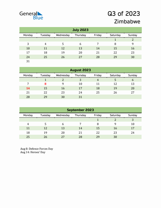 Quarterly Calendar 2023 with Zimbabwe Holidays