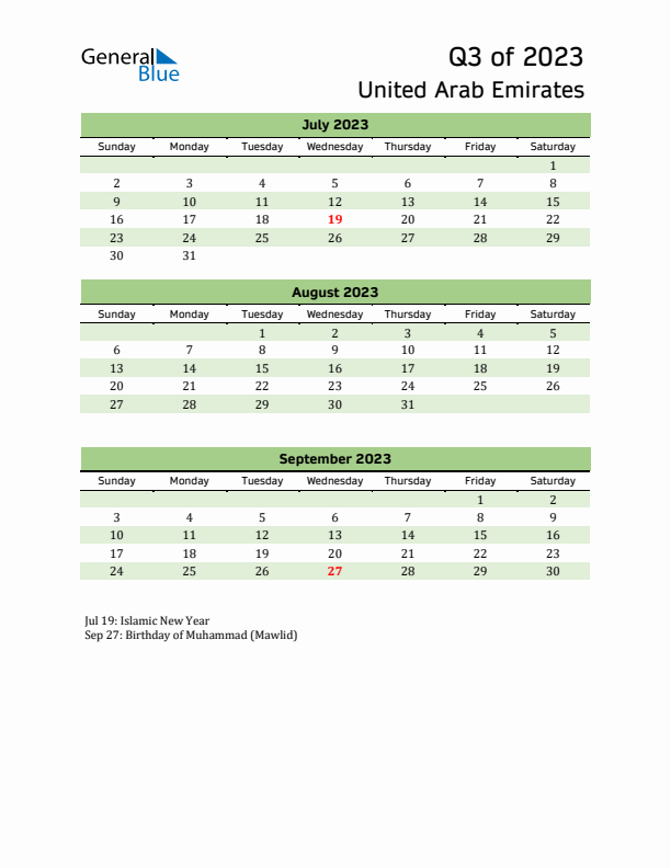 Quarterly Calendar 2023 with United Arab Emirates Holidays
