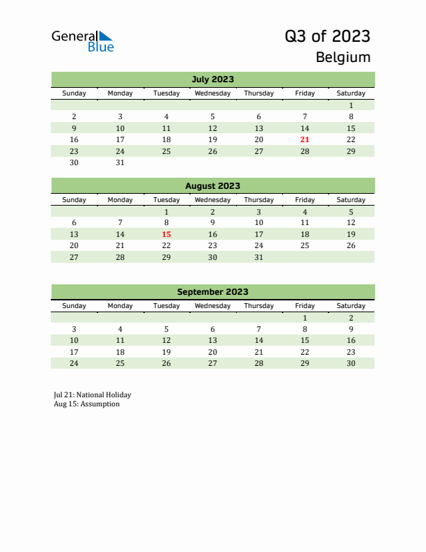 Quarterly Calendar 2023 with Belgium Holidays