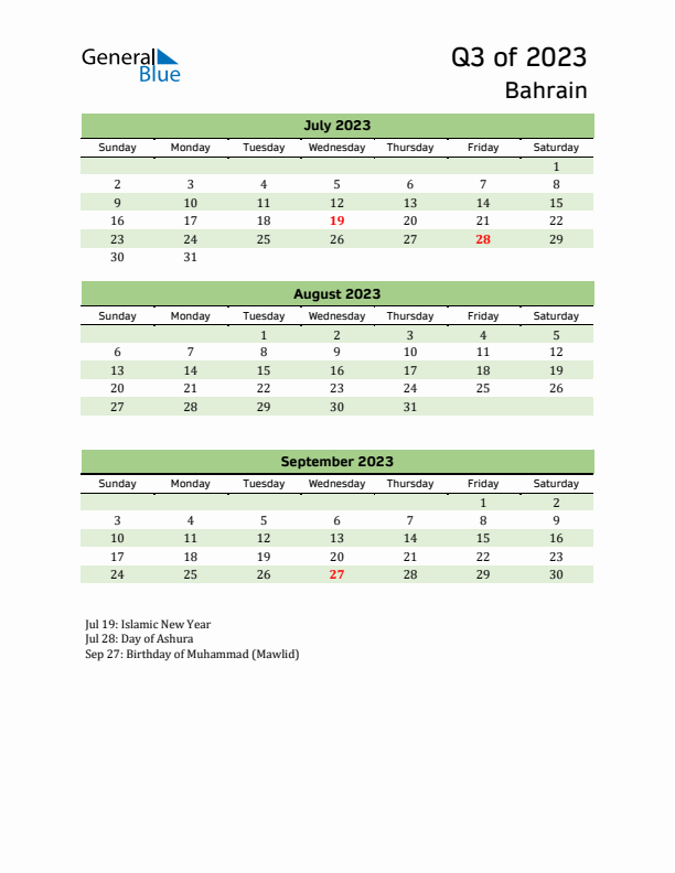 Quarterly Calendar 2023 with Bahrain Holidays