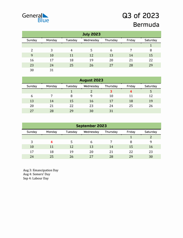 Quarterly Calendar 2023 with Bermuda Holidays