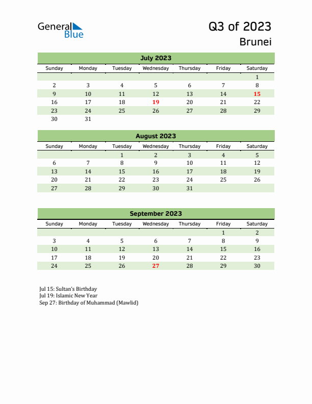 Quarterly Calendar 2023 with Brunei Holidays