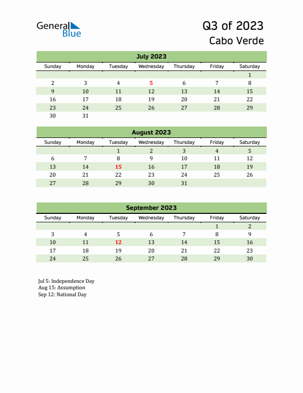Quarterly Calendar 2023 with Cabo Verde Holidays