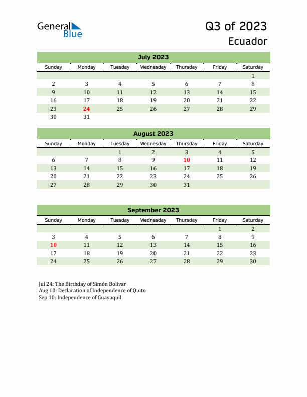 Quarterly Calendar 2023 with Ecuador Holidays