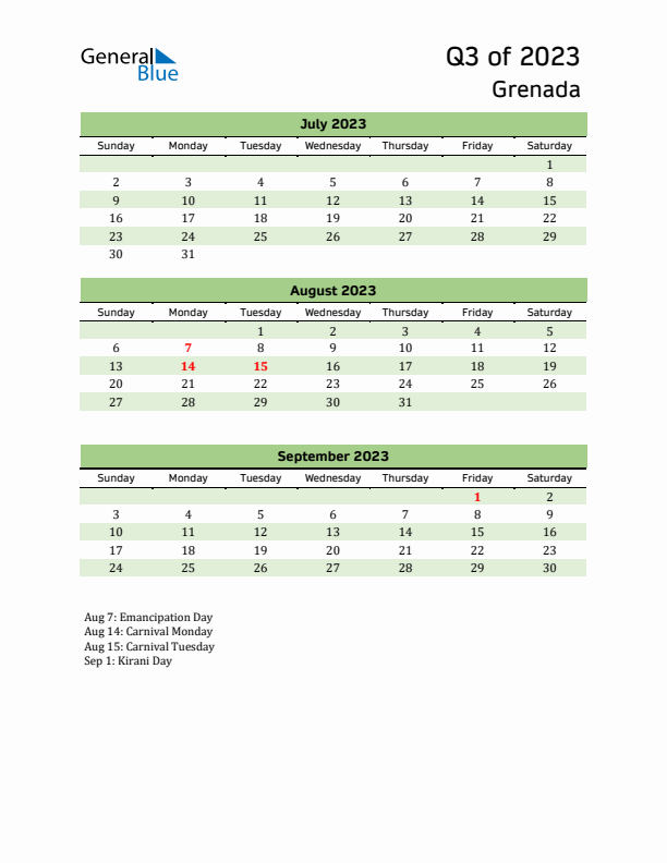 Quarterly Calendar 2023 with Grenada Holidays