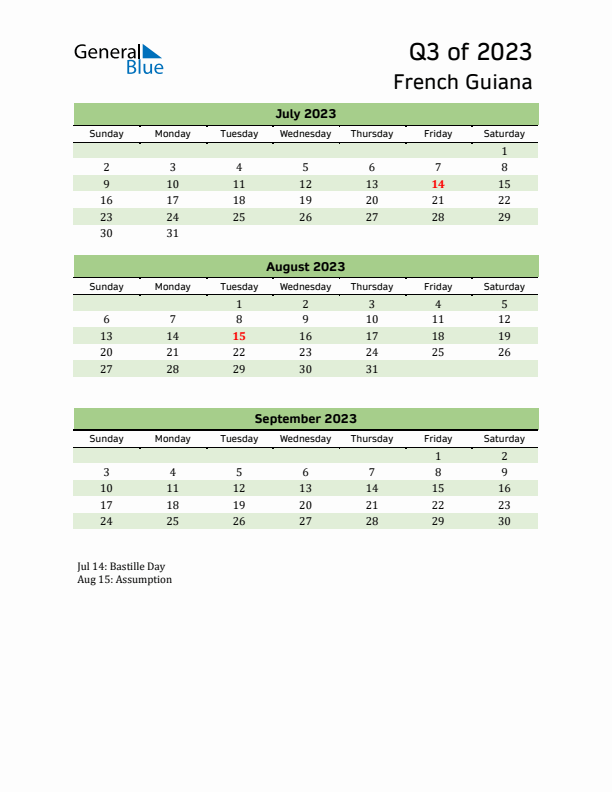 Quarterly Calendar 2023 with French Guiana Holidays