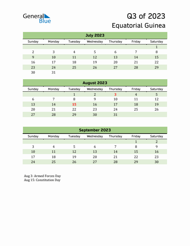 Quarterly Calendar 2023 with Equatorial Guinea Holidays