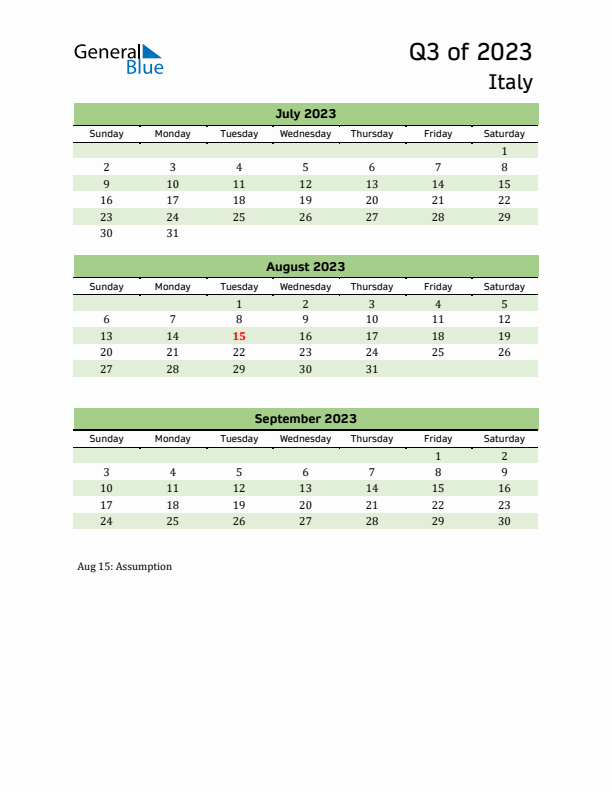Quarterly Calendar 2023 with Italy Holidays