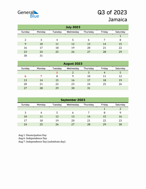Quarterly Calendar 2023 with Jamaica Holidays