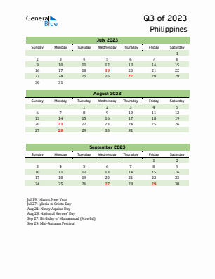 Philippines Quarter 3  2023 calendar template