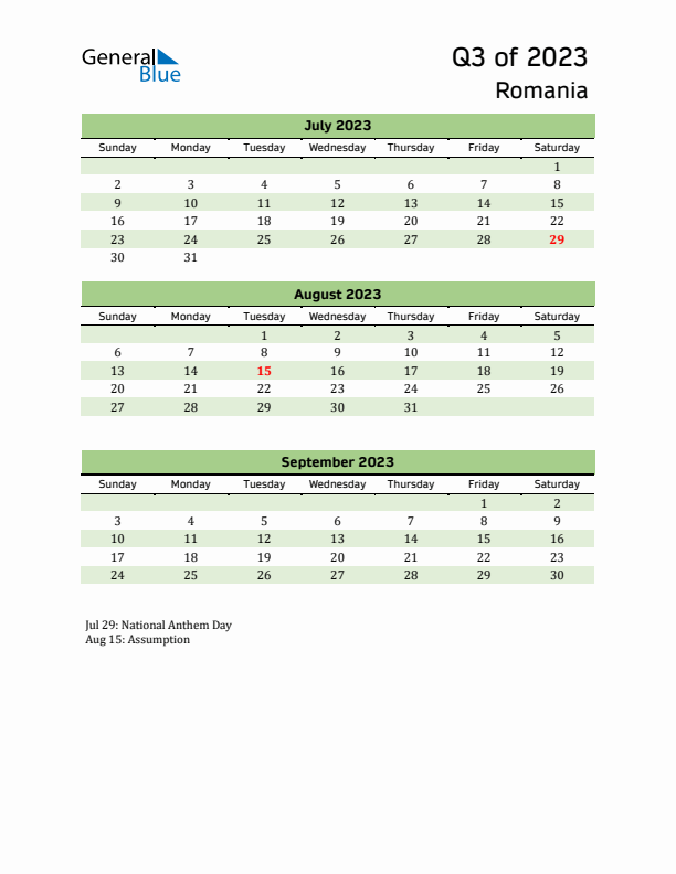 Quarterly Calendar 2023 with Romania Holidays