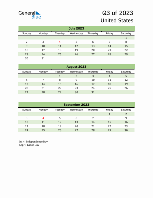 Quarterly Calendar 2023 with United States Holidays