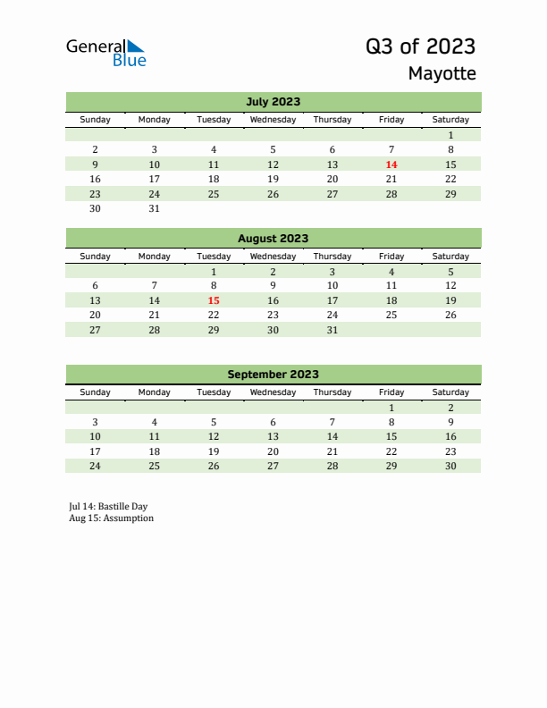 Quarterly Calendar 2023 with Mayotte Holidays