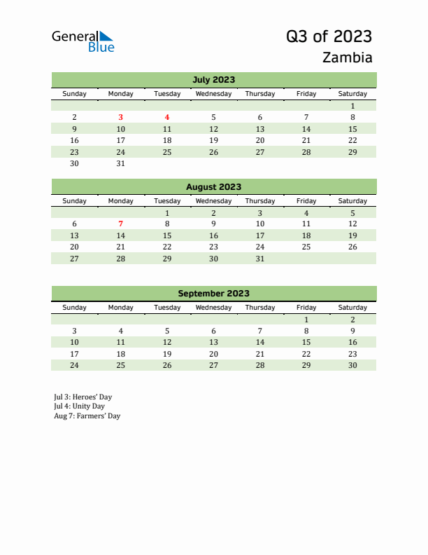 Quarterly Calendar 2023 with Zambia Holidays