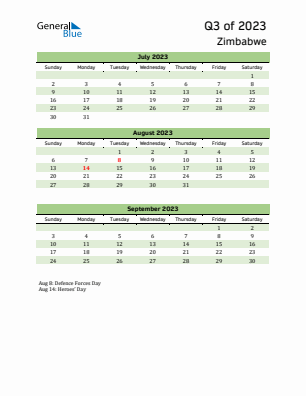 Zimbabwe Quarter 3  2023 calendar template