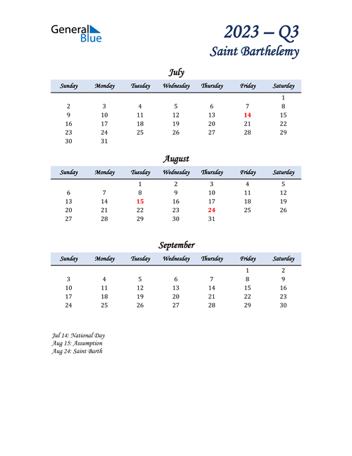  July, August, and September Calendar for Saint Barthelemy