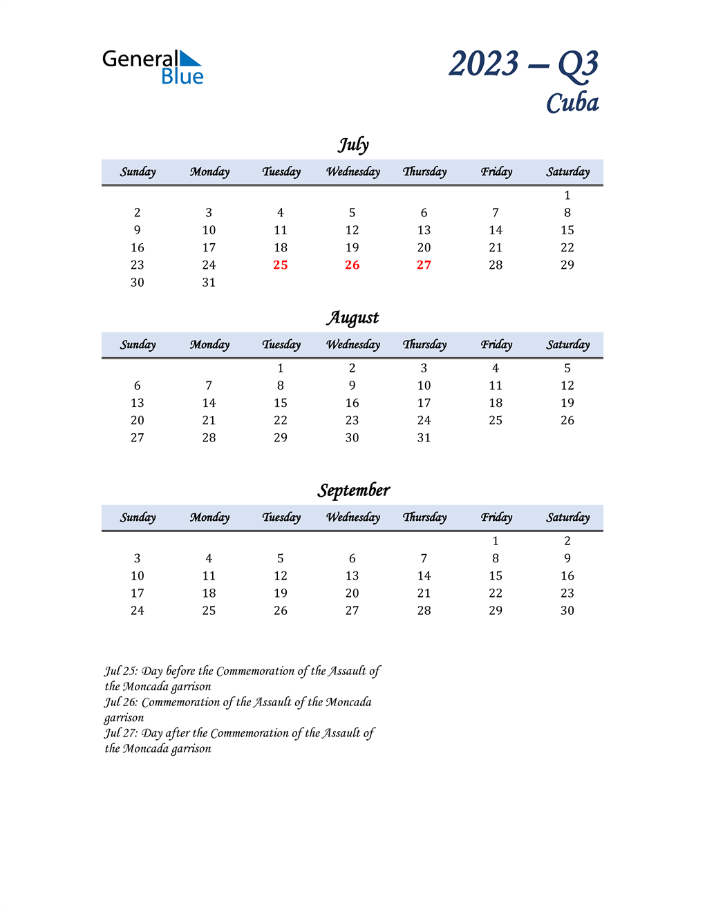  July, August, and September Calendar for Cuba