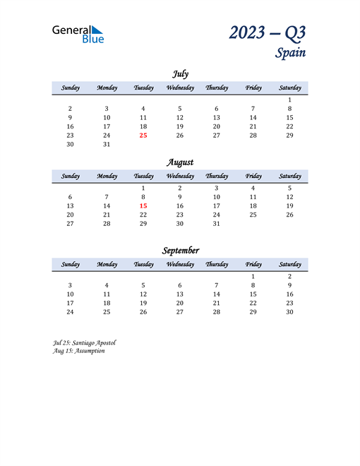  July, August, and September Calendar for Spain