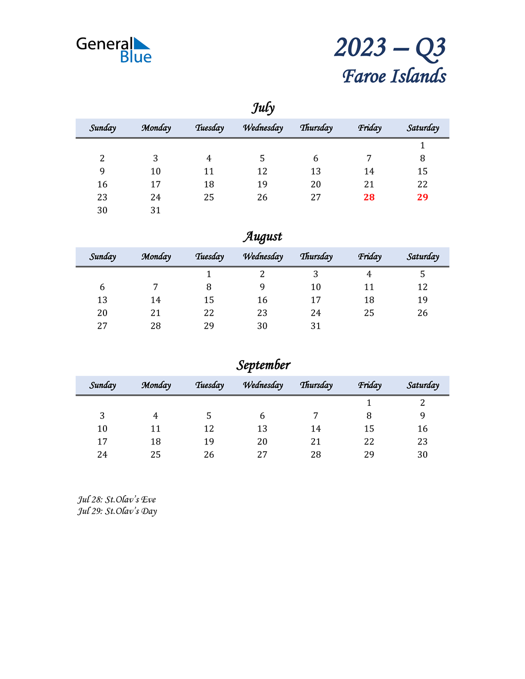  July, August, and September Calendar for Faroe Islands