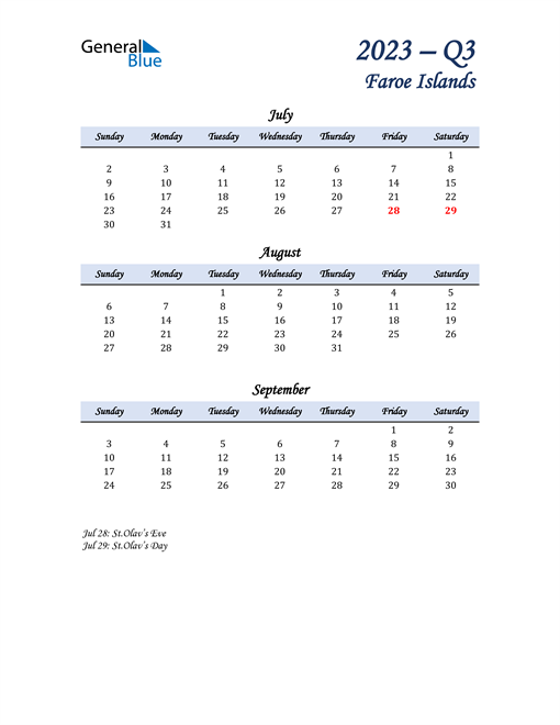  July, August, and September Calendar for Faroe Islands
