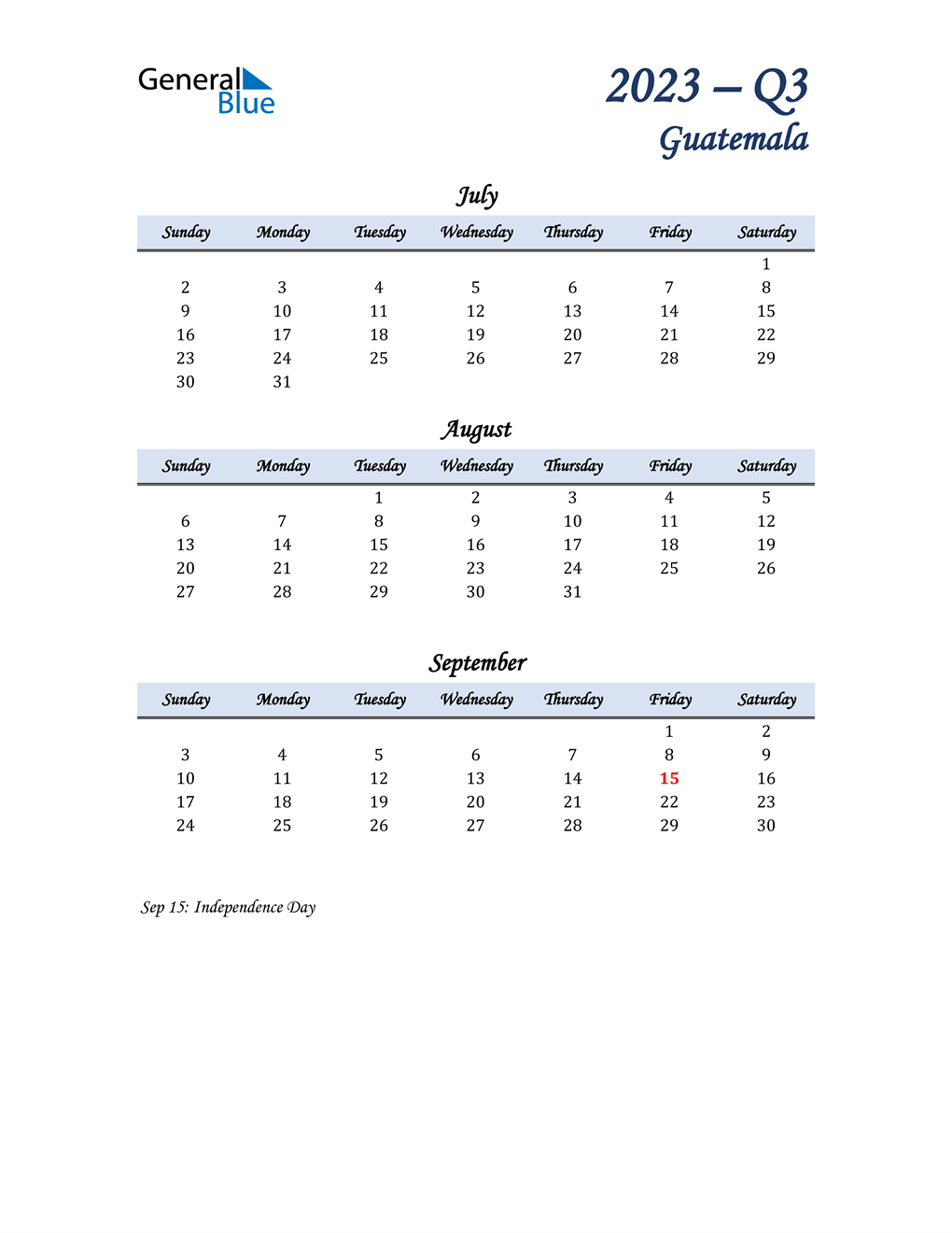  July, August, and September Calendar for Guatemala