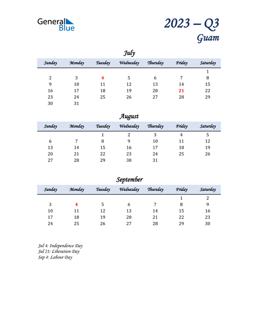  July, August, and September Calendar for Guam
