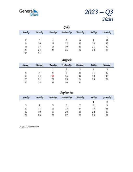  July, August, and September Calendar for Haiti
