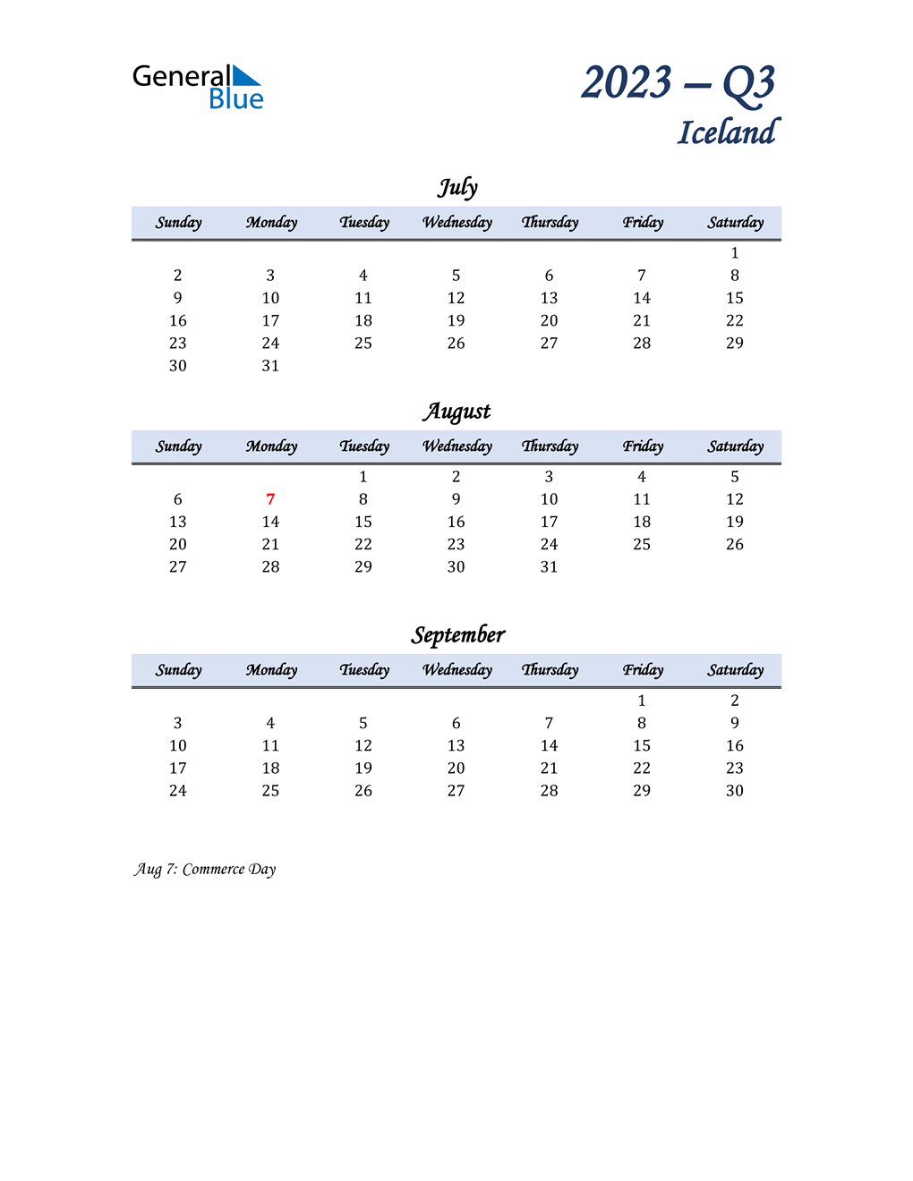  July, August, and September Calendar for Iceland