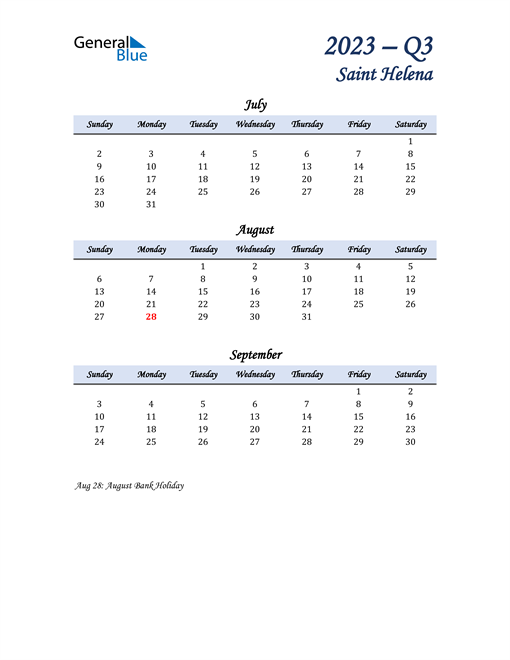  July, August, and September Calendar for Saint Helena
