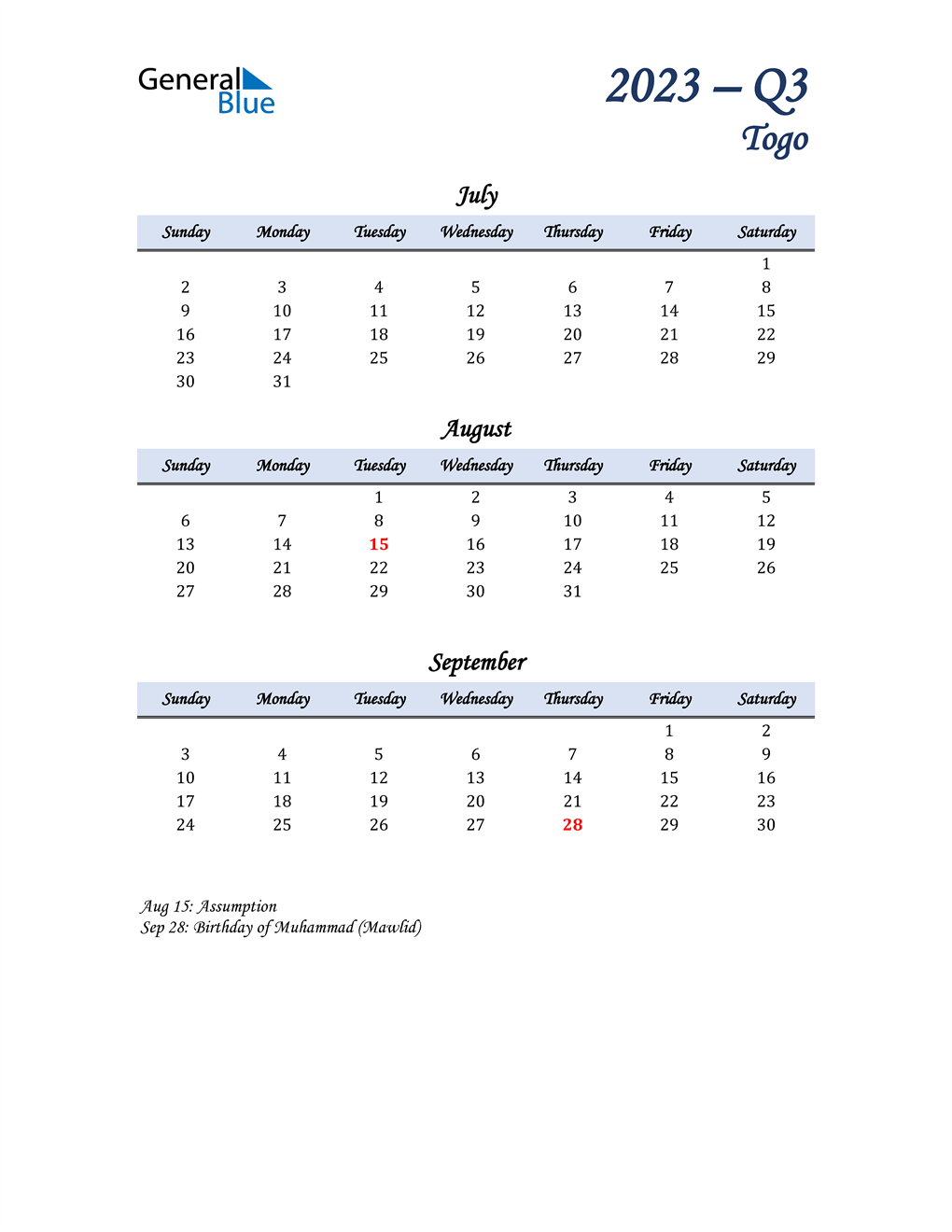  July, August, and September Calendar for Togo