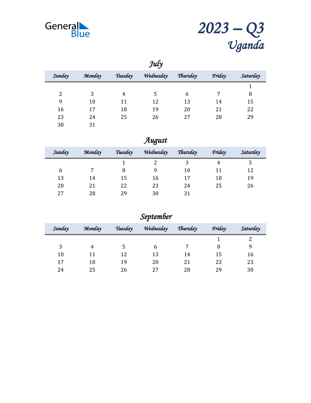  July, August, and September Calendar for Uganda