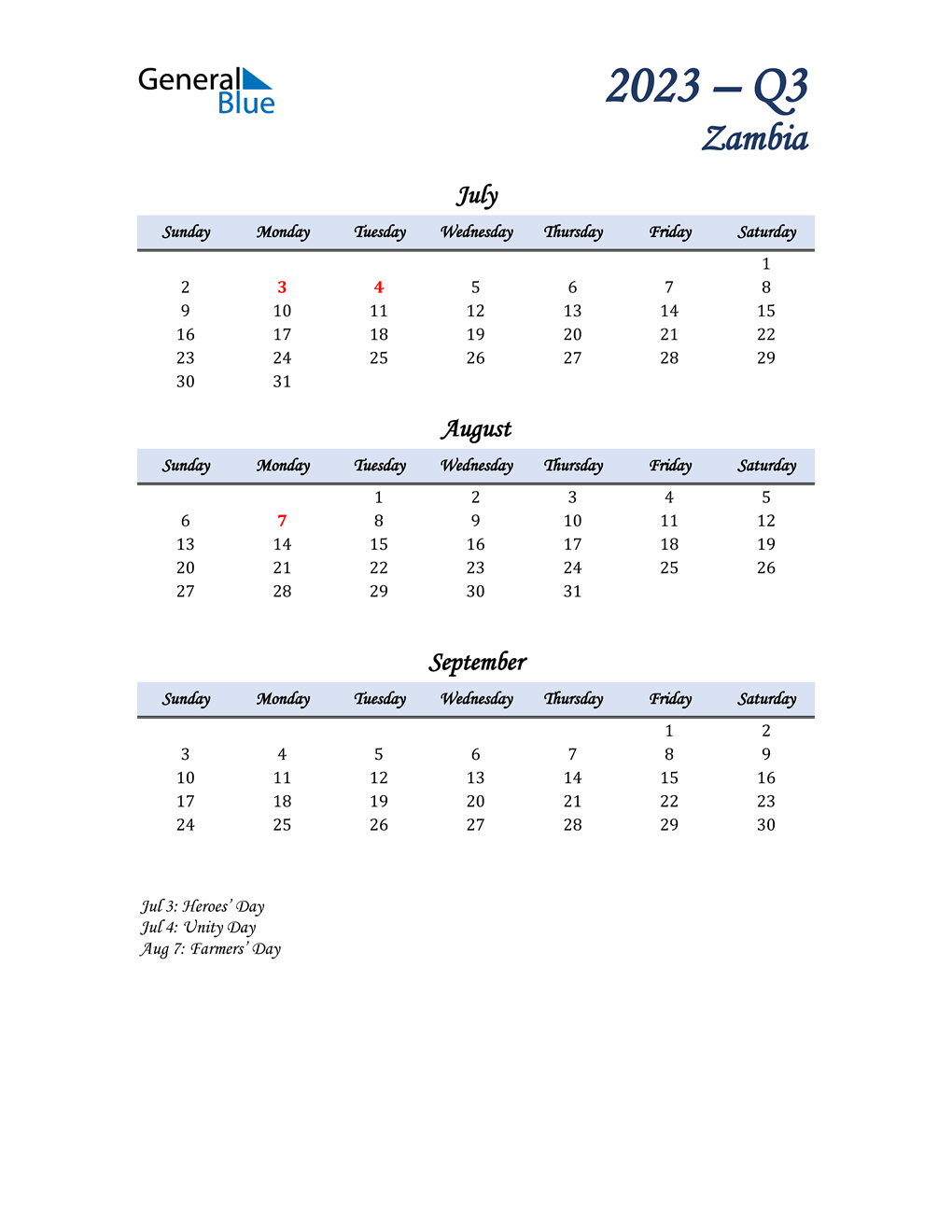  July, August, and September Calendar for Zambia