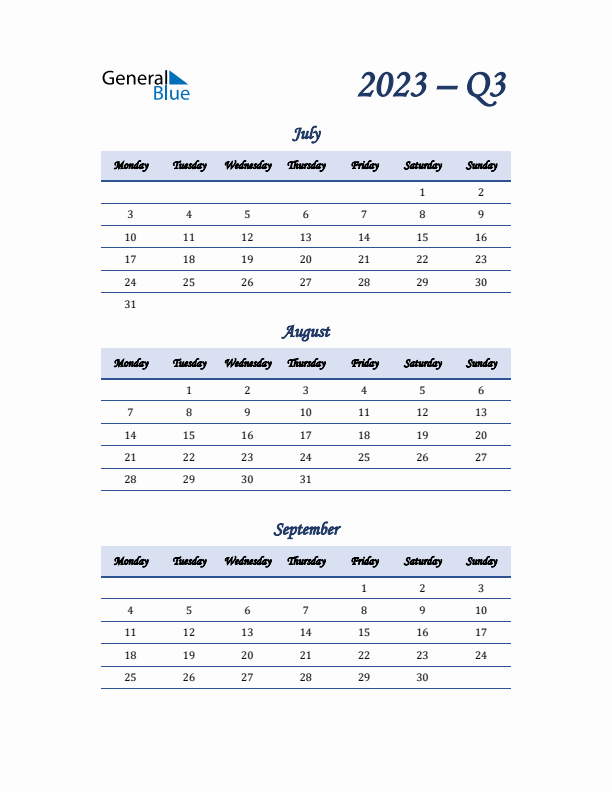Monday Start 2023 Quarterly Calendar