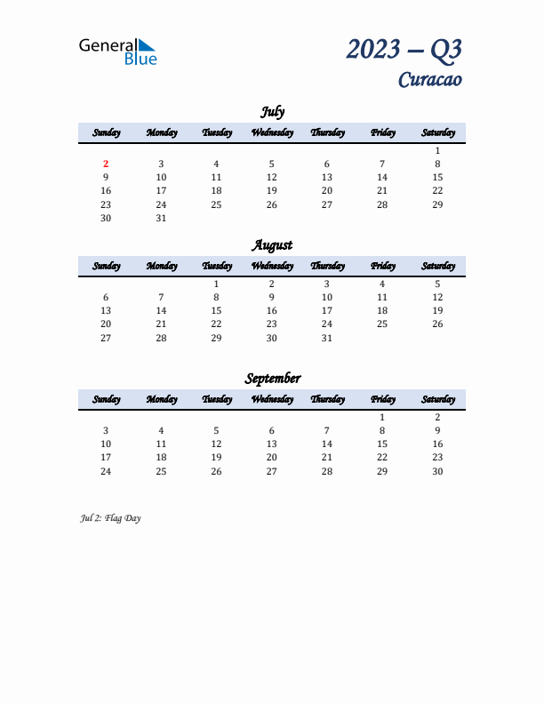 July, August, and September Calendar for Curacao with Sunday Start