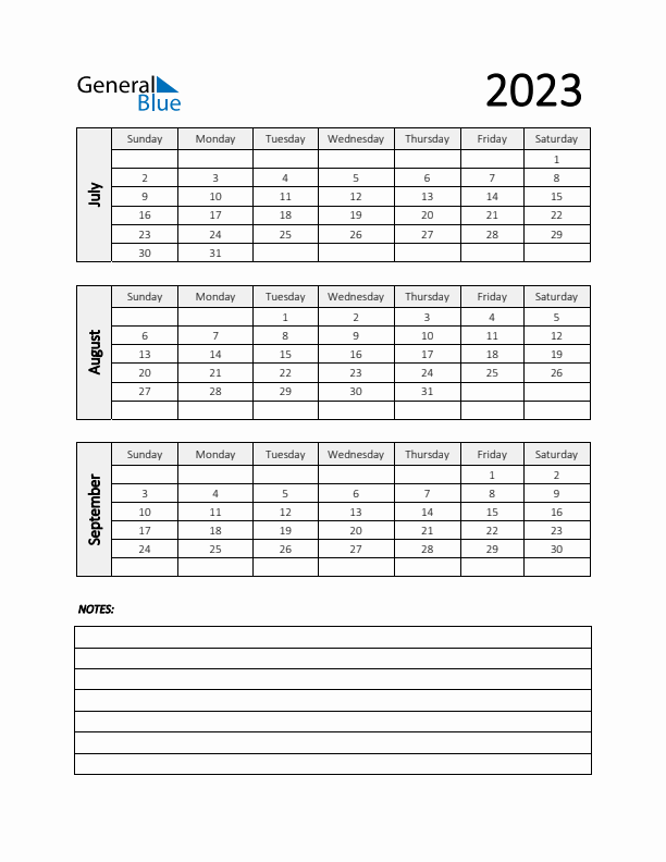 Q3 2023 Calendar with Notes