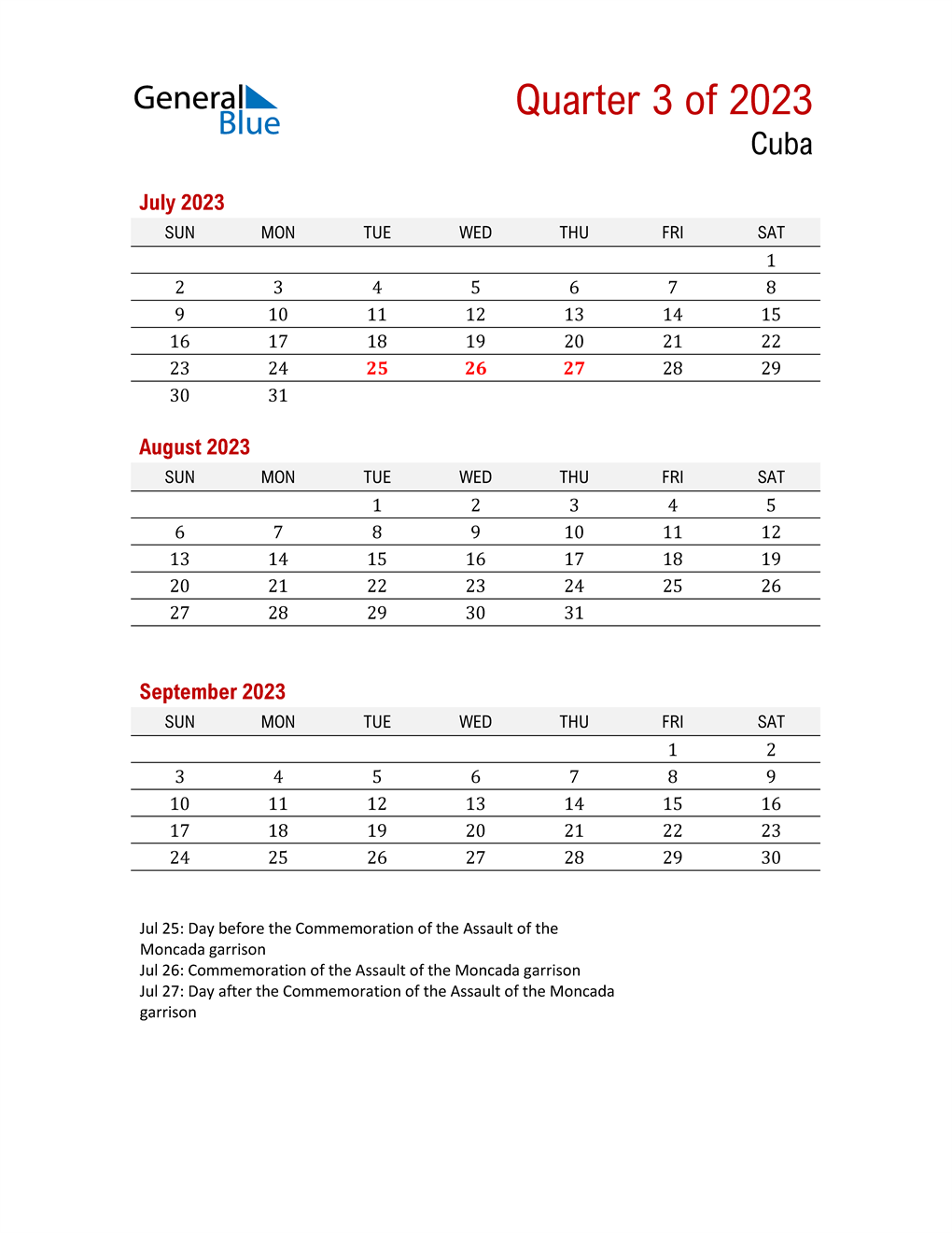  Printable Three Month Calendar for Cuba