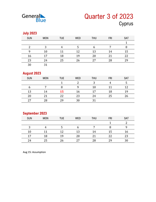  Printable Three Month Calendar for Cyprus