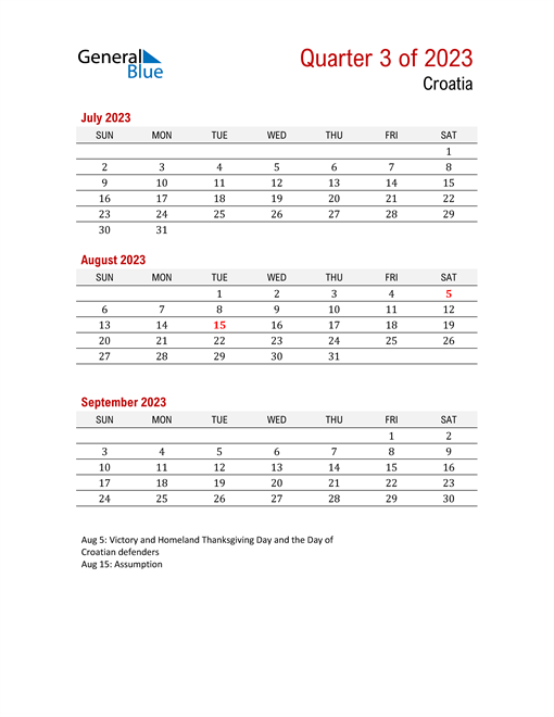  Printable Three Month Calendar for Croatia