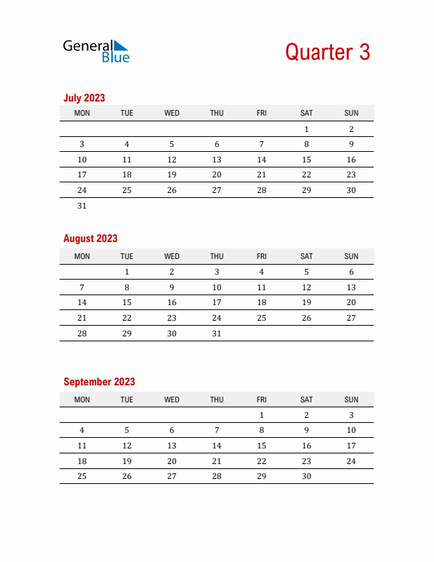 Three-Month Printable Calendar 2023