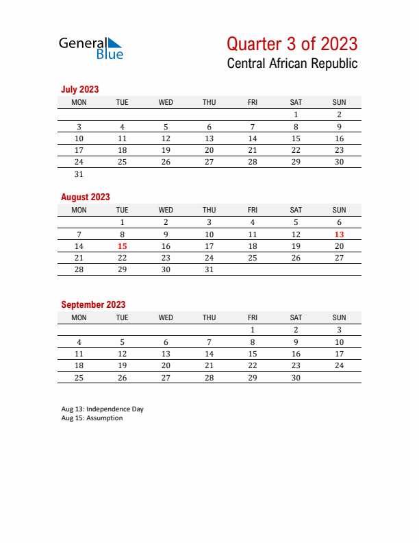 Printable Three Month Calendar with Central African Republic Holidays