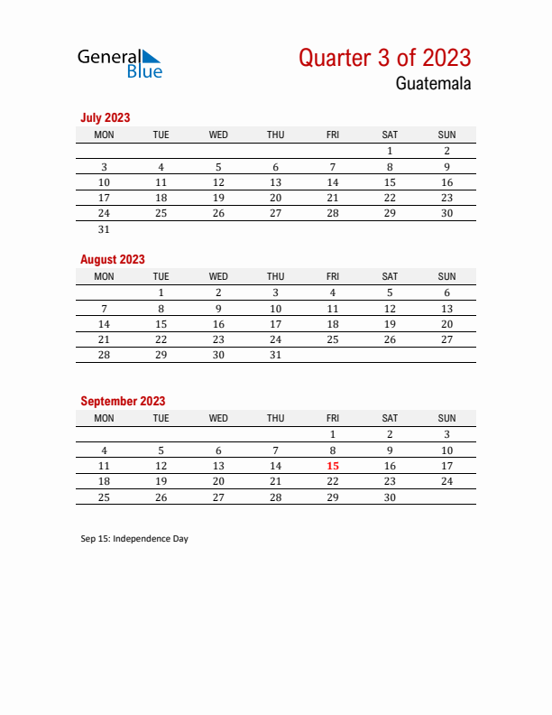 Printable Three Month Calendar with Guatemala Holidays