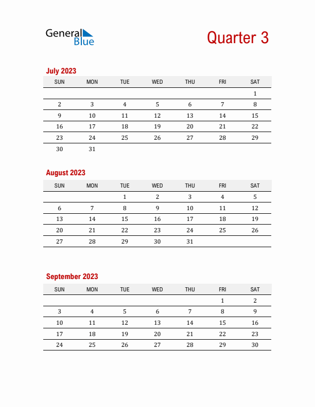 Three-Month Printable Calendar 2023