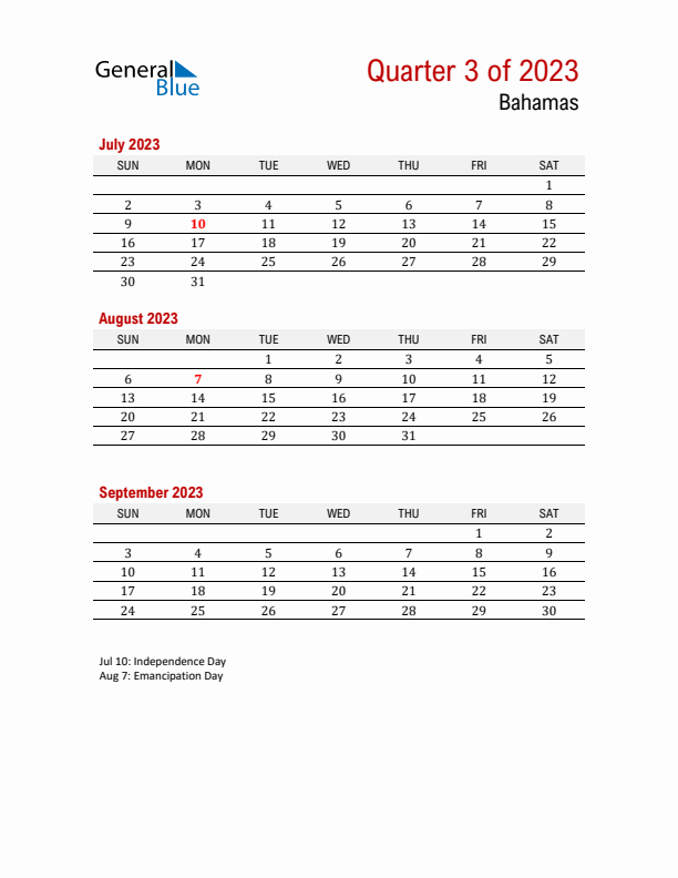 Printable Three Month Calendar with Bahamas Holidays