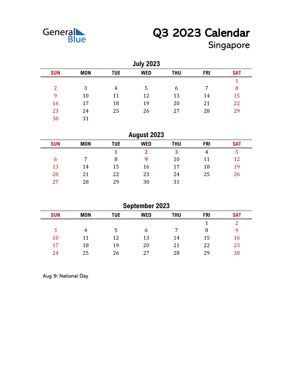Q3 2023 Quarterly Calendar with Singapore Holidays