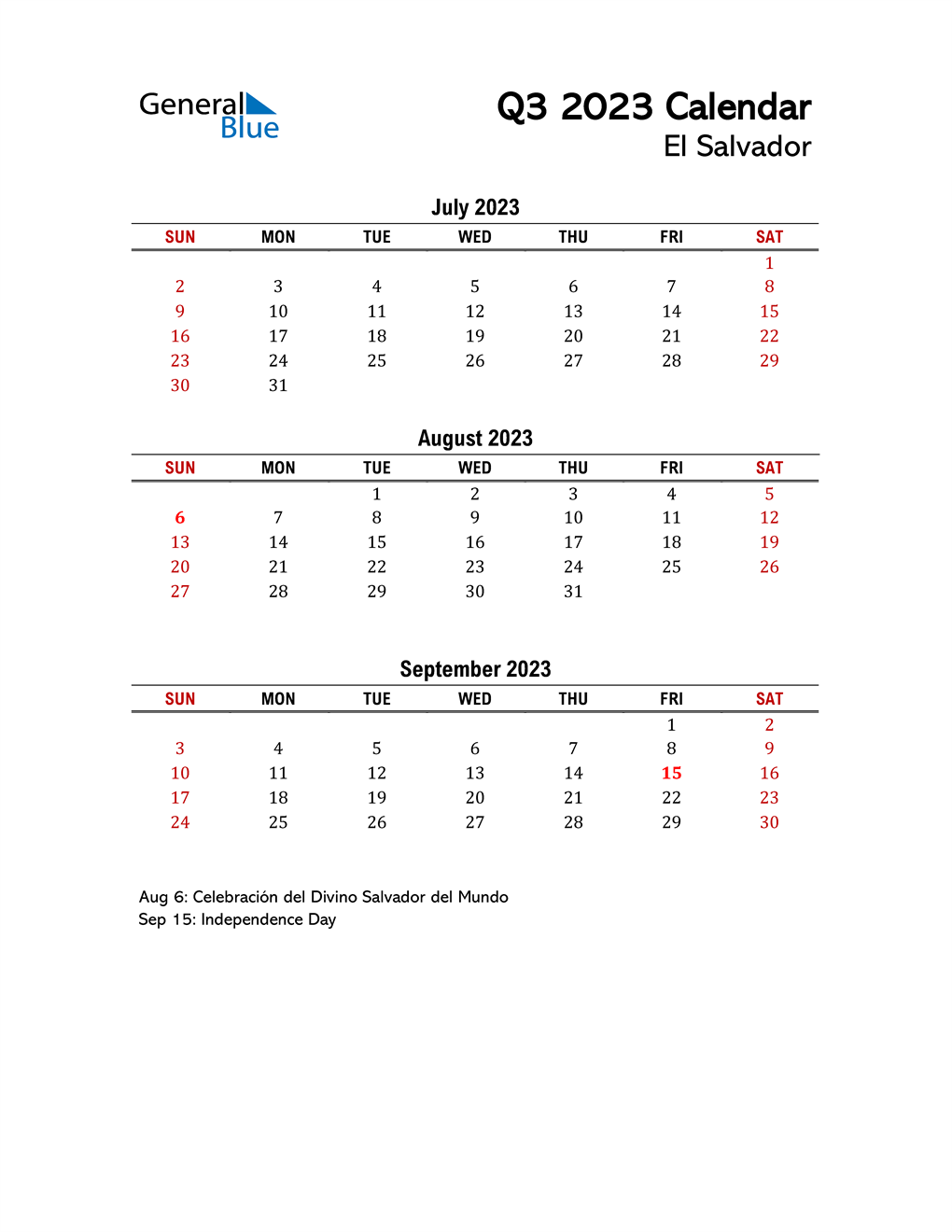  2023 Q3 Calendar with Holidays List