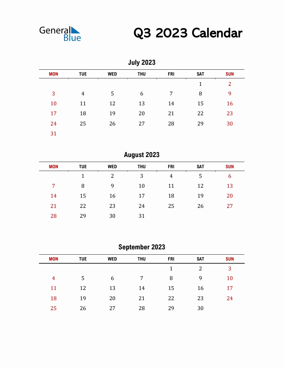 Q3 2023 Calendar Template in PDF, Excel, and WOrd