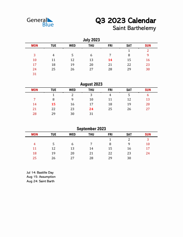 2023 Q3 Calendar with Holidays List for Saint Barthelemy