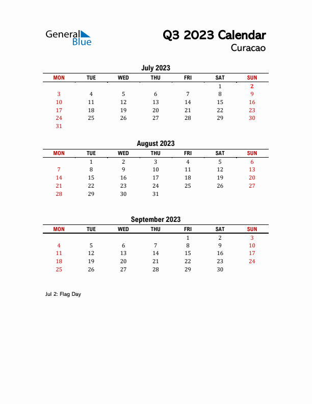 2023 Q3 Calendar with Holidays List for Curacao