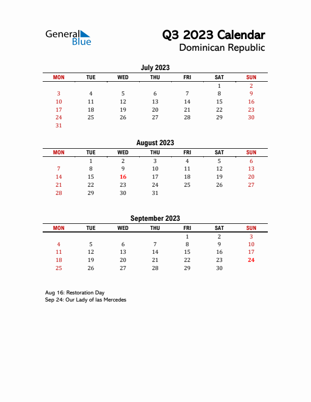 2023 Q3 Calendar with Holidays List for Dominican Republic